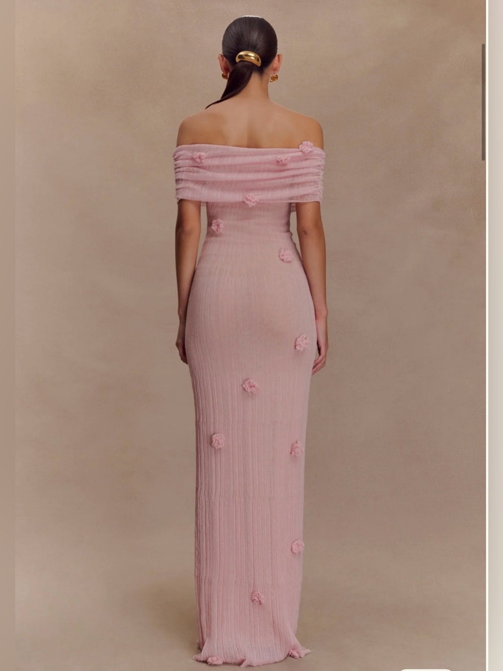 Meshki Blush Pink Off-Shoulder Maxi Dress with Floral Rosettes - Picture 3 of 5